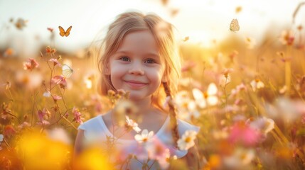 Sunny caucasian kid in summer floral meadow with butterflies enjoyng nature on holiday vacations looking up and smilling happily at golden hour