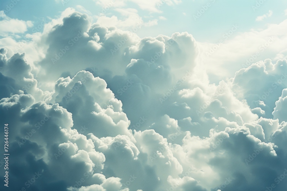 Wall mural a picture of a plane flying through a sky filled with fluffy clouds. this image can be used to repre