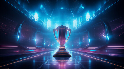 Fototapeta premium eSports Winner Trophy Standing on a Stage in the Middle, with neon lights blurred background, futuristic background for e-sport winner concept.