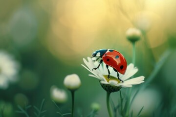 A ladybug sits gracefully on top of a delicate white flower. Perfect for nature enthusiasts and garden lovers