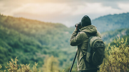 Fotografo tirando uma foto da paisagem de floresta  - obrazy, fototapety, plakaty