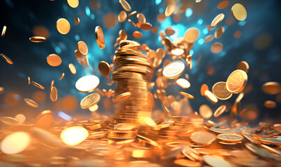 Falling golden coins . Stacks of coins on a blue background. Quick income, savings, casinos. 