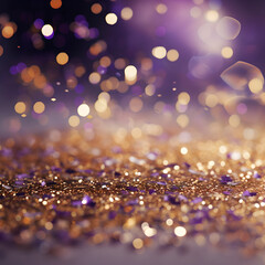 Shimmering glitter confetti in gold and purple hues falls ,blurry bokeh background
