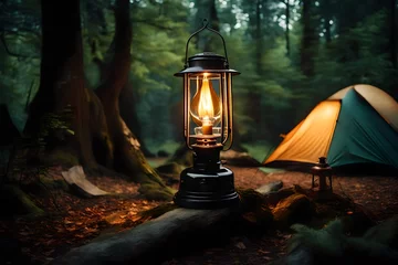 Poster A vintage hurricane lamp glowing softly on a camping trip, providing a warm light in the midst of nature. © WOW