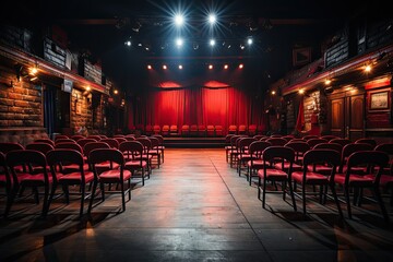 A view of an empty stage of a comedy club with open mic, waiting for performers, chairs setup for audience, theater atmosphere reigns