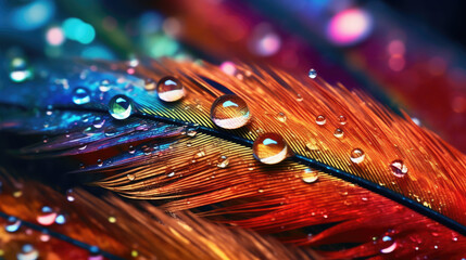 Close-Up of a Colorful Feather Decorated with Dew Drops - Generative AI