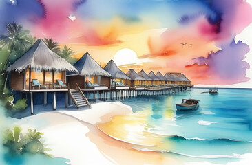 Fototapeta na wymiar Seaside vacation, resort,sunset, sea, sand, watercolor, overwater bungalow