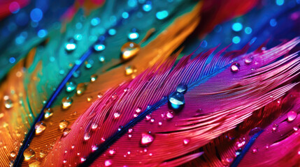 Close-Up of a Colorful Feathers Decorated with Dew Drops - Generative AI