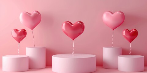 A group of pink heart shaped balloons floating in the air. Perfect for celebrations and romantic occasions