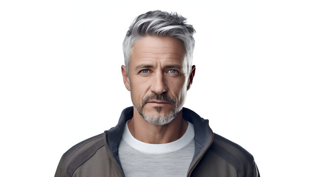 Portrait of a handsome middle-aged man with a beard and gray hair