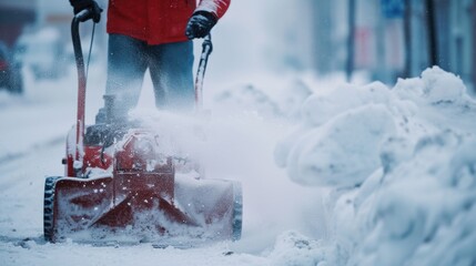 A person operating a snow blower in a snowy environment. Ideal for winter maintenance and snow removal purposes