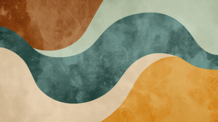 Abstract background in trendy Bauhaus style, combining cinnamon brown, seafoam green and mustard yellow with minimalist geometric shapes