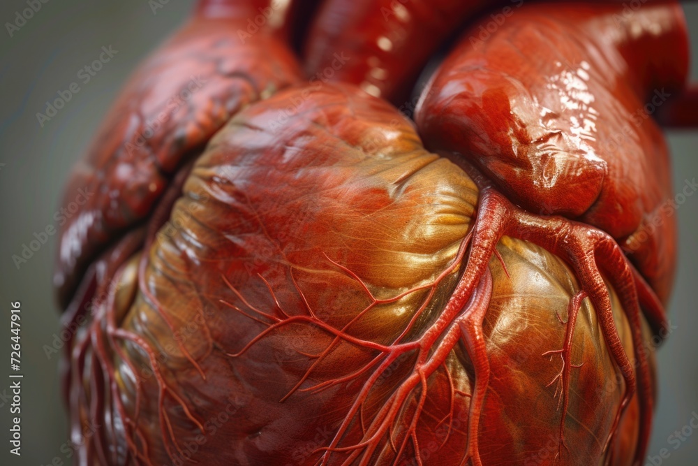 Poster a detailed close-up view of a human heart, showcasing the intricate network of veins. this image can