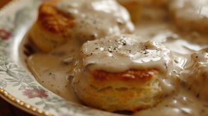 Obraz na płótnie Canvas Biscuits covered in delicious gravy sauce, perfect for a hearty meal or breakfast. Versatile and tasty, this image can be used in various food-related projects