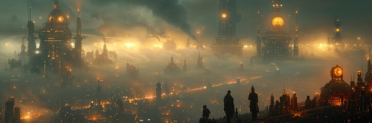 Neo-Victorian cityscape with steam-powered technology 