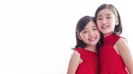 Two pretty asian little girls wearing red dress to celebrate chinesse new year in happy mood isolated on white background. Two siblings with black hair. Chinesse new year celebration concept.