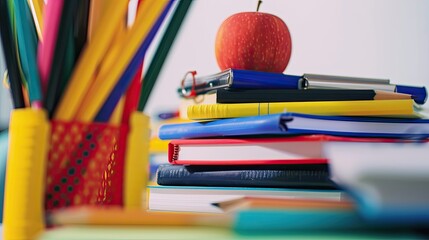 Image of notebooks, pencils and other school stuff for school year on white background with copy space. Back to school and education concept.