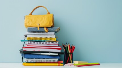 Image of notebooks, pencils and other school stuff for school year on soft blue background with copy space. Back to school and education concept.