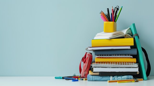 Image of notebooks, pencils and other school stuff for school year on soft blue background with copy space. Back to school and education concept.