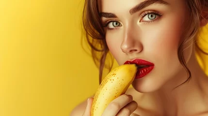 Fotobehang Close-up portrait of nice glamorous lady holding in hands banana with red lips isolated yellow background © Ruslan Gilmanshin