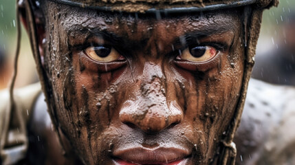 Close-Up of Angry Gaze of Male Warrior Wet in Storm - Generative AI