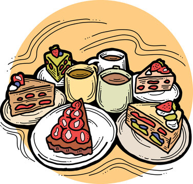 cakes and coffee on plates clip art preview