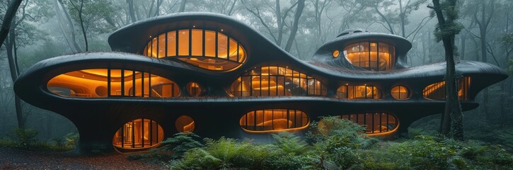 Phantasmagorical opera house with organic architecture in a forest clearing