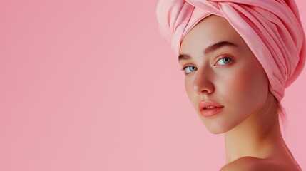 Young woman wearing pink shower towel on head