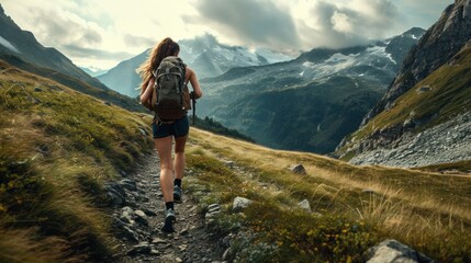 Naklejka premium Sporty mountain woman run in trail during endurance trail