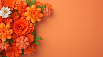 orange background with spring flowers. frame, place for text. template, greeting card for Mother's Day, March 8