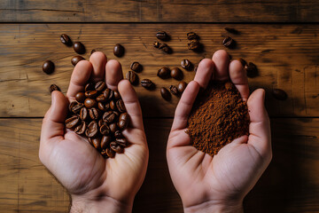 One hand holding coffee beans and another hand holding ground coffee