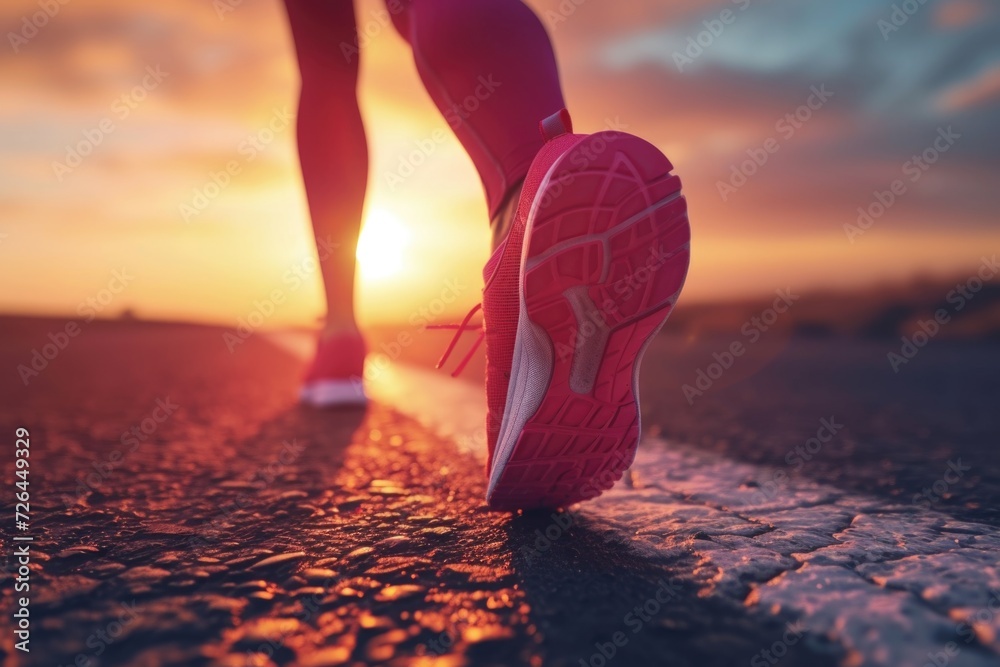Poster A person is walking on a road during a beautiful sunset. This image can be used to depict a peaceful evening stroll or as a metaphor for embarking on a new journey