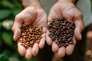 Hands holding different types of coffee beans