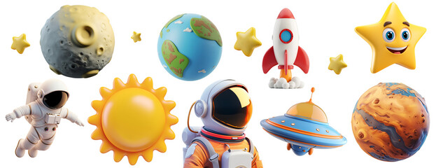 Set of Glossy Cute Children Objects in Minimal Style: 3D Realistic Cartoon Space Elements - Rocket, UFO, Astronaut, Star, Planet, Sun, Earth, Moon, Isolated on Transparent Background, PNG