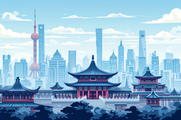 China city skyline seamless flat vector image.