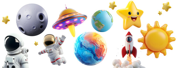 Illustration of 3D Realistic Cartoon Space Elements Set: Rocket, UFO, Astronaut, Star, Planet, Sun, Earth, Moon. Glossy Cute Children Objects, Isolated on Transparent Background, PNG