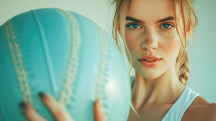 A woman holding a blue ball in front of her face. This image can be used for creative concepts, advertising, or social media campaigns - obrazy, fototapety, plakaty