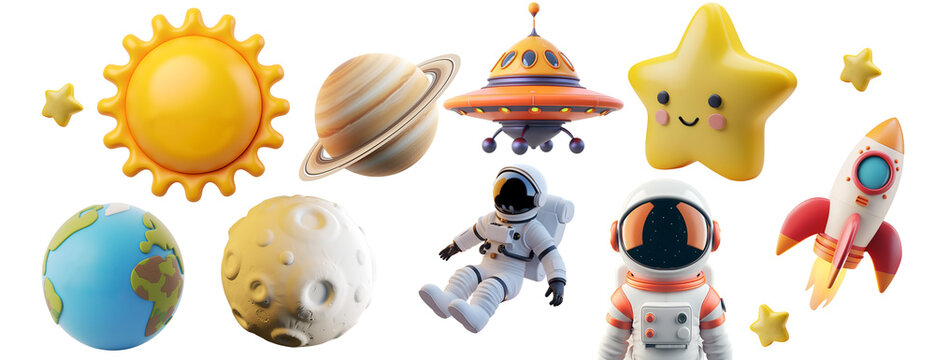 Illustration of Glossy Cute Children Objects in Minimal Style: 3D Realistic Cartoon Space Elements Set - Rocket, UFO, Astronaut, Star, Planet, Sun, Earth, Moon, Isolated on Transparent Background, PNG