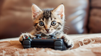 portrait of a cat - a kitten playing video games with controller