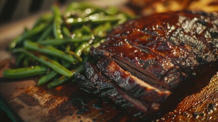 A wooden cutting board with a delicious display of meat and green beans. Perfect for food-related projects and recipes