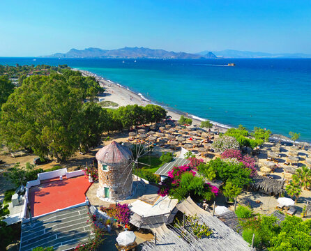 Kos, Greece. 07.07.2023 Lambi Beach Windmill, near Kos Town. 7th July 2023.