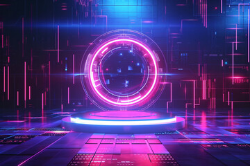 Futuristic Neon Hologram Podium. Virtual Interface Technology Concept