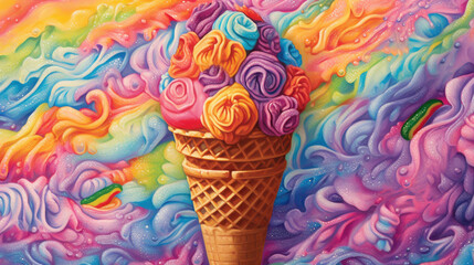 Colorful Ice Cream Amidst a Swirling Rainbow Background - Generative AI