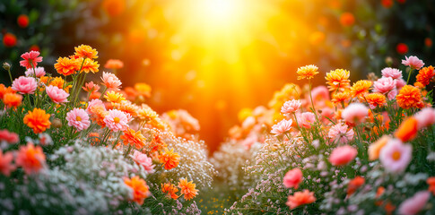 Fototapeta na wymiar Beautiful garden of orange and pink flowers basking in the warm sunlight with a bright sunflare in the background