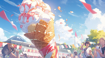 Giant Ice Cream Cone at a Sunny Festival - Generative AI