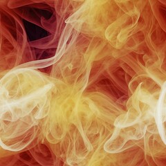 Fototapeta premium Fiery abstract design with swirling orange and yellow smoke patterns resembling flames, set against a deep red backdrop in a square composition.