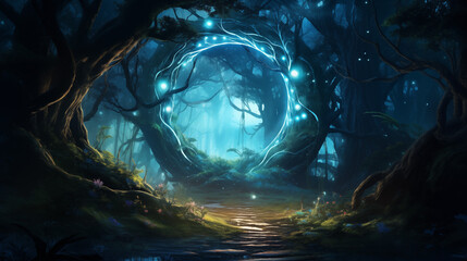 Enchanted Forest Pathway with Neon Blue Lights