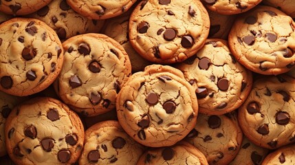Background with freshly baked tasty chocolate chip cookies, food pattern