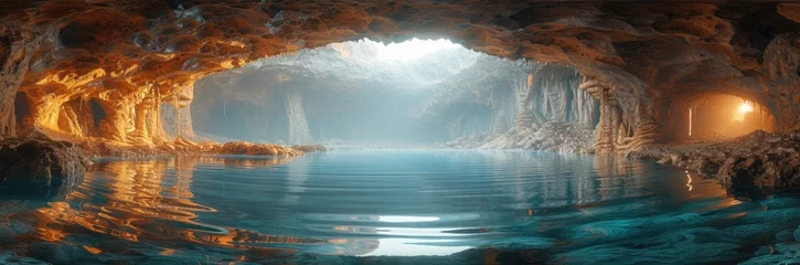Keuken spatwand met foto Subterranean city with illuminated caverns and underground lakes  © Oldman