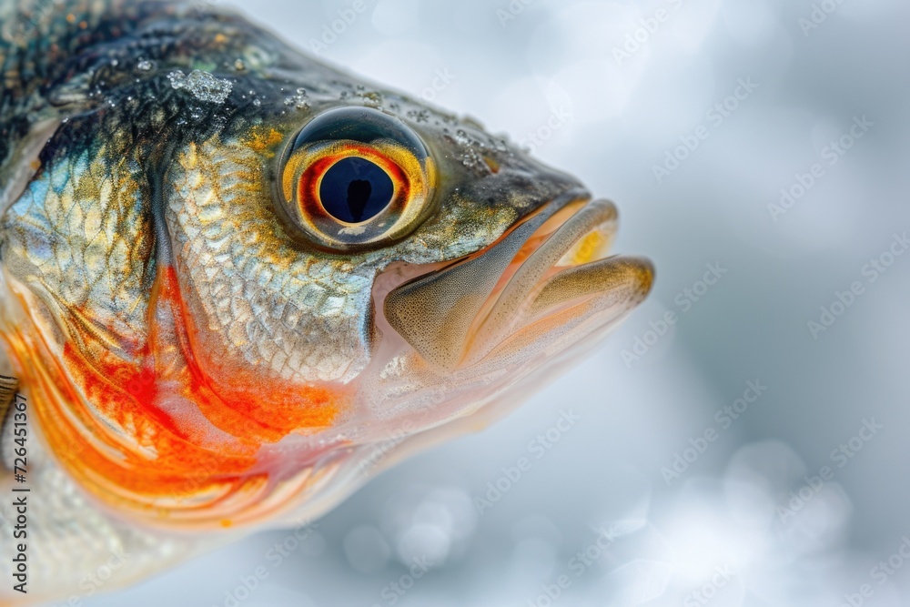 Poster a detailed view of a fish's face with a blurred background. can be used to depict aquatic life or as